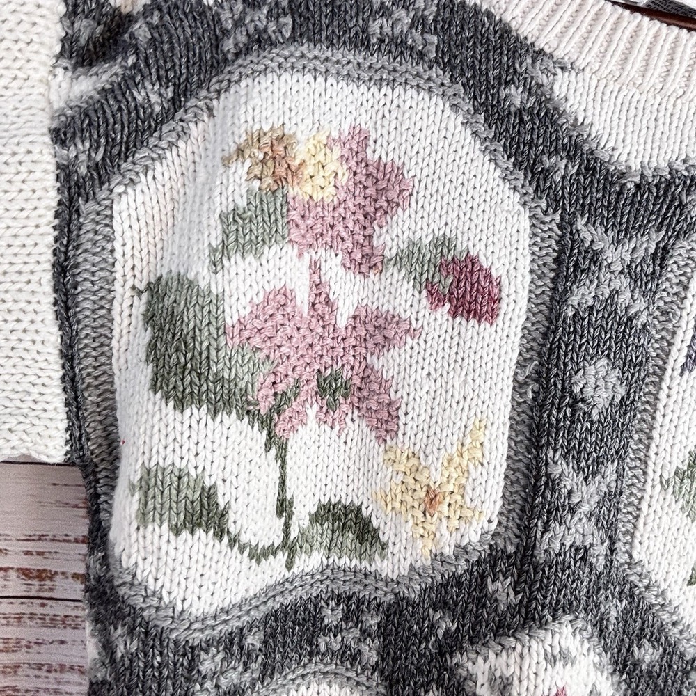 Vintage 80s Sweater L Floral Geometric Granny Kitsch Tunic Cream Gray Pink - Picture 9 of 12